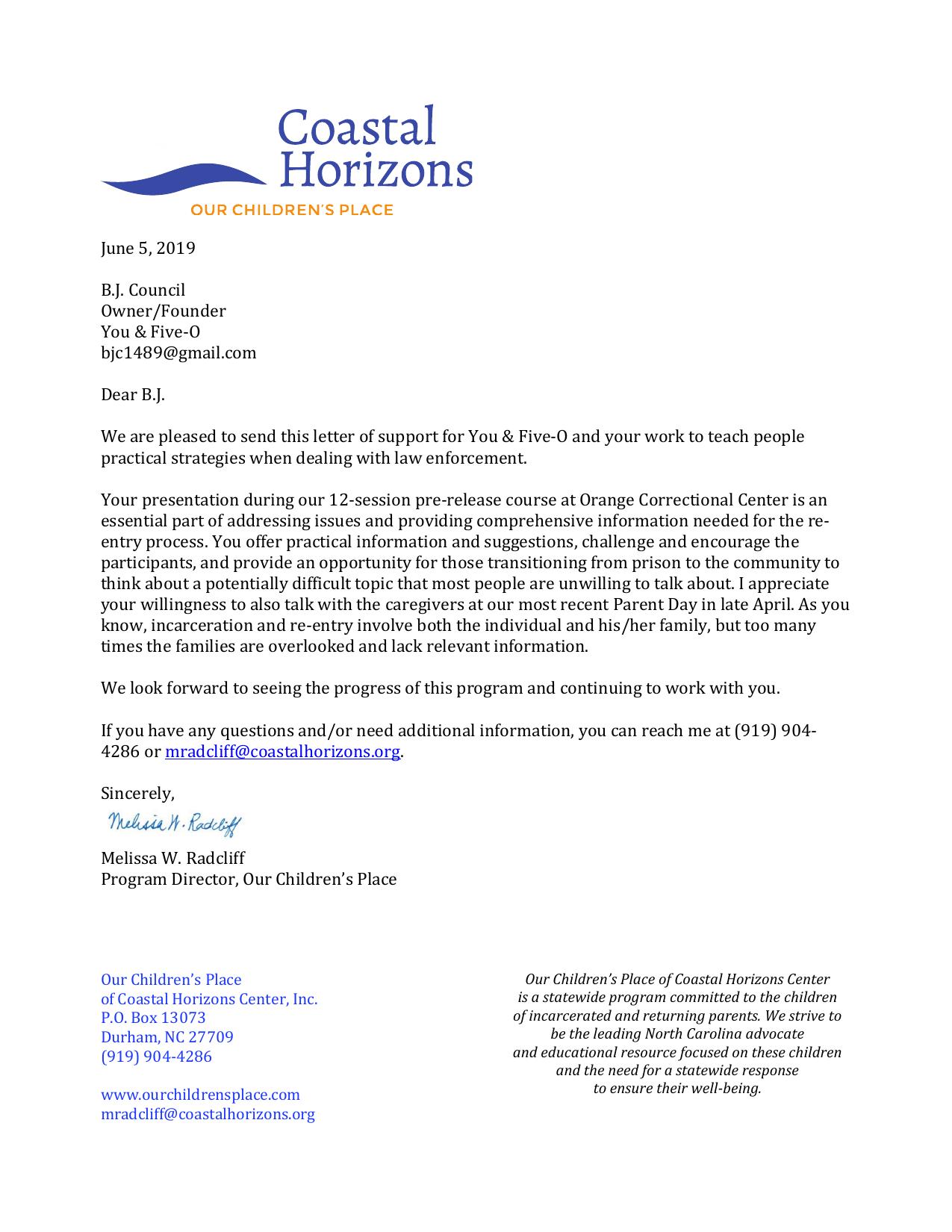 Letter of support — Our Children's Place — Letter of Support (June 2019)