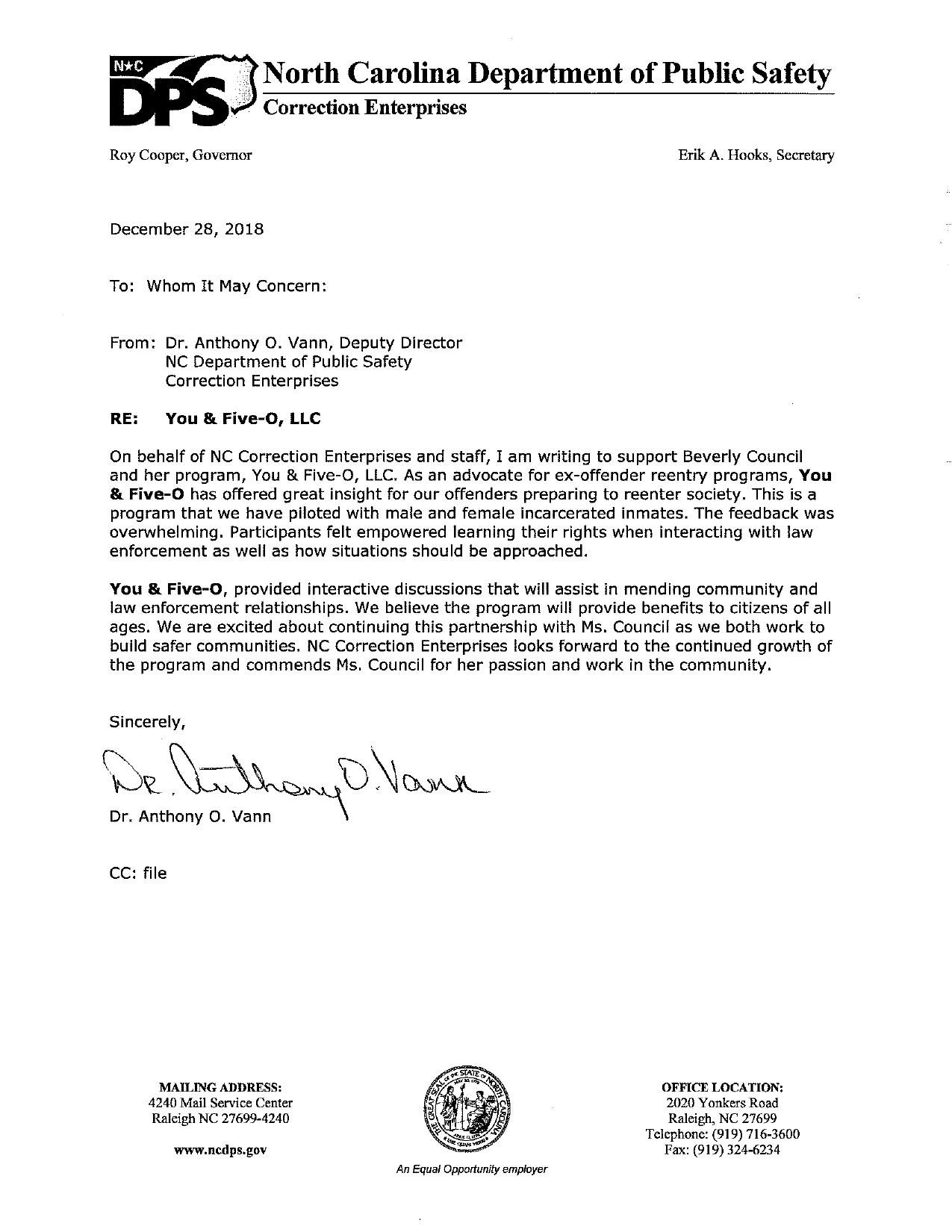 Letter of support — YFO Letter of Support from Corrections (December 2018)